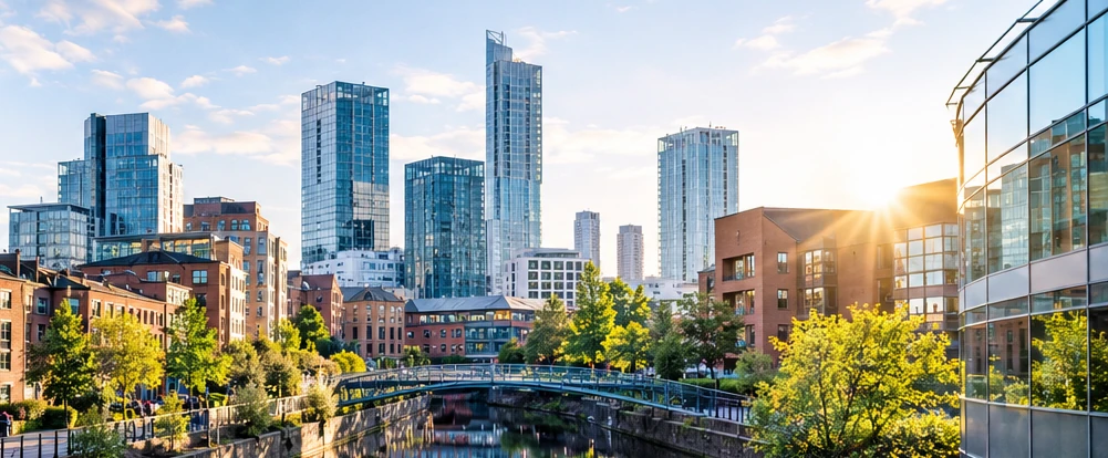 Sunlit waterside city architecture and greenery